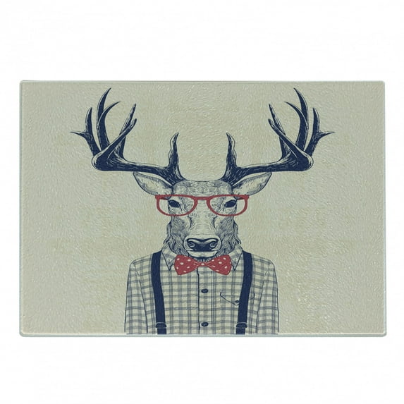 Hipster Cutting Board, Humorous Portrait of Deer with Jazz Polka Dotted Bow and Shirt, Decorative Tempered Glass Cutting and Serving Board, in 3 Sizes, by Ambesonne