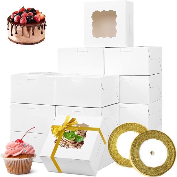 Cajas para Postres con Ventana Transparente - Cajas para Pastel y Galletas con Tapa Abovedada - Incluye Cintas Decorativas - Ideal para Cupcakes, Bodas y Eventos
