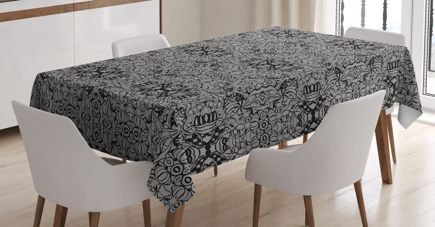 Dark Grey Tablecloth, Abstract Antique Pattern with Curves and Swirls ...
