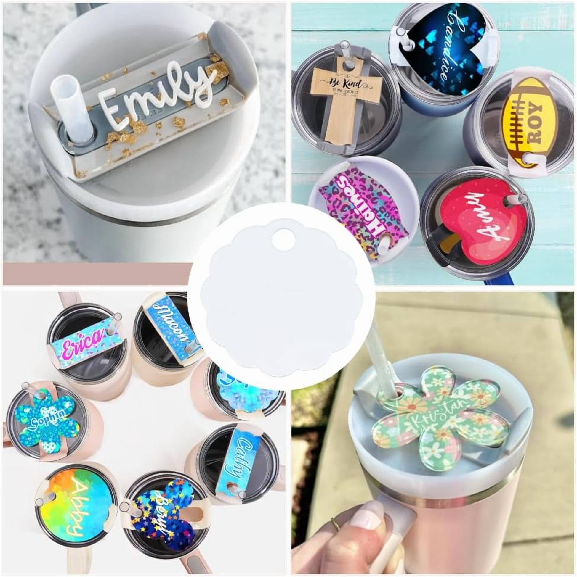 1 Set 8Pcs Sublimation Blank Name Plate Tumbler Name Plates 40 oz Heat Transfer 3.13 x 3.21in Acrylic White Flower Personalized Topper Cup Lid Blanks Tags for Customized Design Tumbler Cup Decor