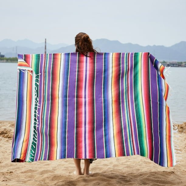 Mexican Indian Style Manual Rainbow Color Hanging Tapestry Beach Picnic Blanket Purple 150x200cm tassel