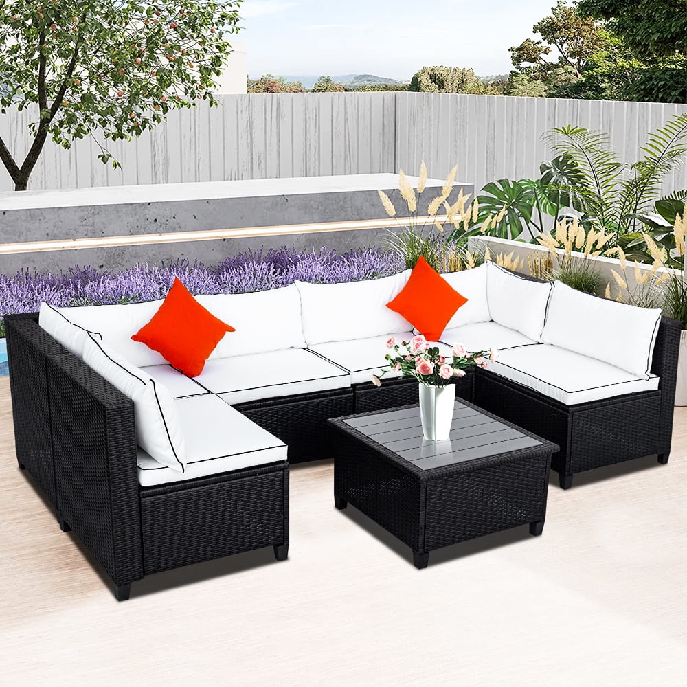 7 Piece Outdoor Patio Sectional Sofa Set with 6 PE Wicker Chairs, Glass Polywood Dining Table, 2 Pillows, All-Weather Rattan Outdoor Conversation Set with Cushions for Backyard Porch Garden Pool