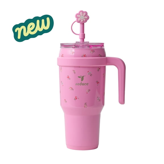 Reduce 40oz Cold1 Travel Mug with Straw and Straw Topper, Lid & Travel Handle, Insulated Stainless Steel, Rosy Blooms