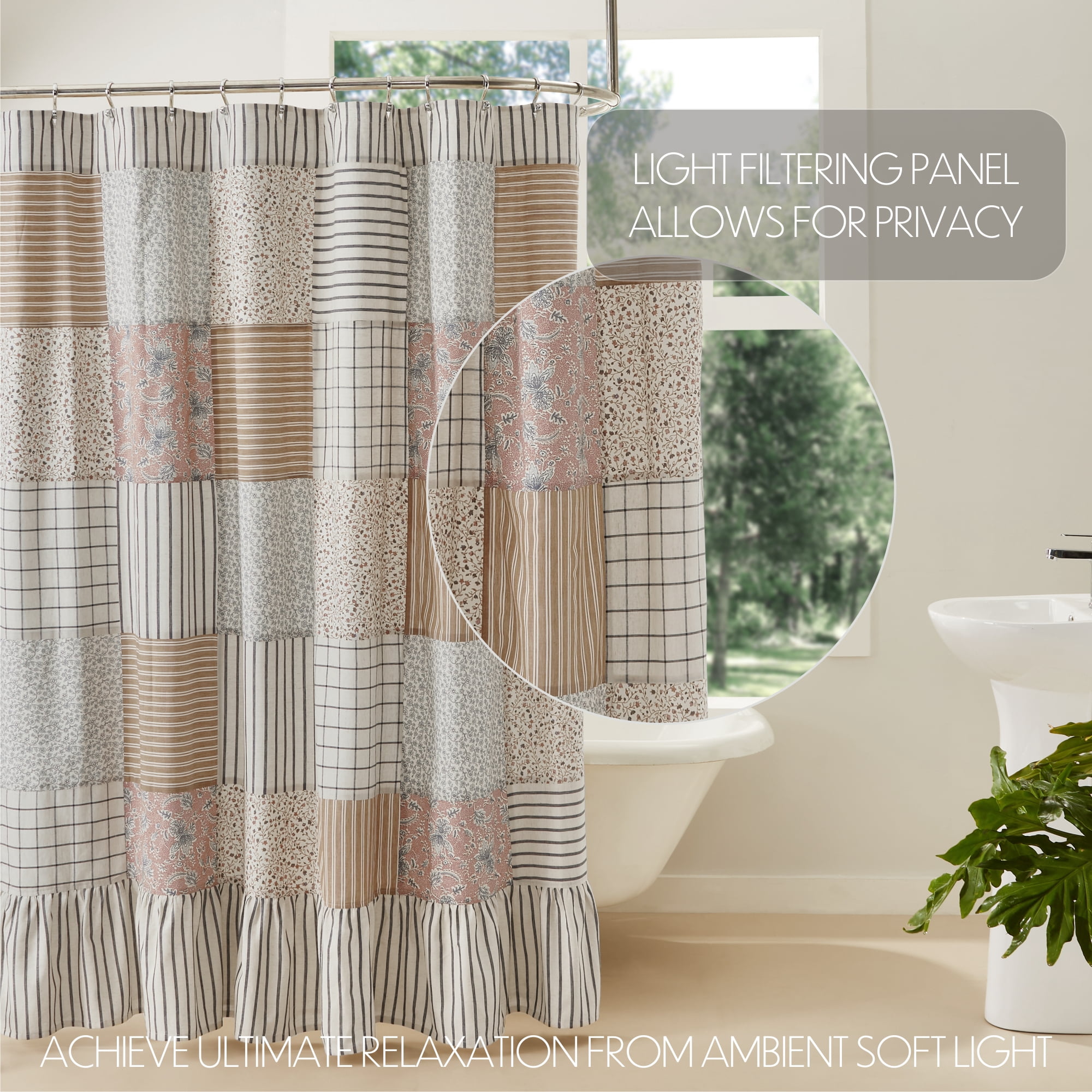 VHC Brands Kaila Country Cottage Farmhouse Floral Stripe Patchwork Shower Curtain 72x73