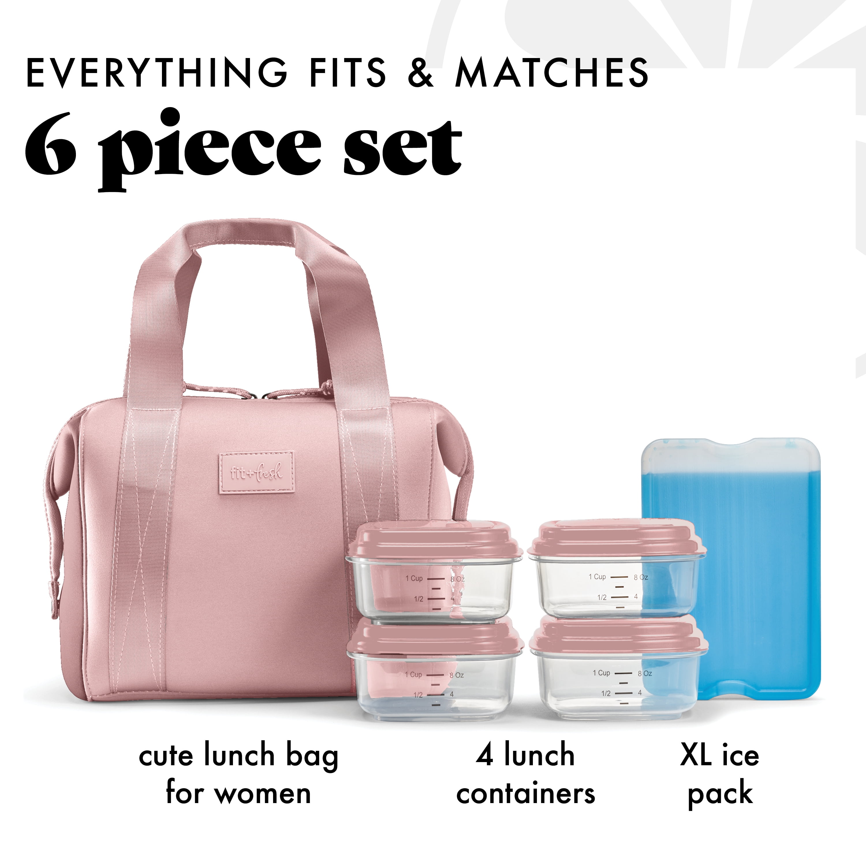 Fit + Fresh Remi Women's Lunch Bag, Self Insulating Neoprene Material Lunch Box With Containers & Ice Pack, Mauve