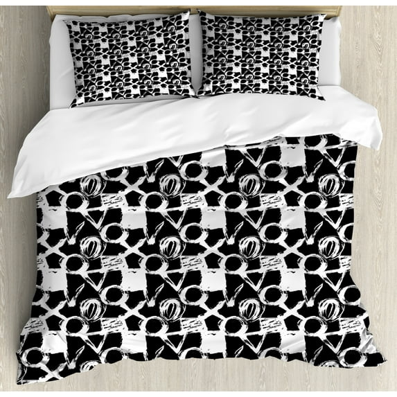 Art Abstract Duvet Cover Set King Size, Grunge Sketchy Brushstroke Circles Squares and V Shapes, Decorative 3 Piece Bedding Set with 2 Pillow Shams, Charcoal Grey and White, by Ambesonne