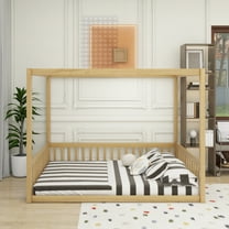 Full Size Canopy Frame Rubber Wood Floor Bed with Fence,Guardrails,Natural