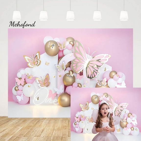 Mehofond Pink Butterfly Princess Backdrop For Girl 1st Birthday Party Gold Balloon Baby Shower Photo Photography Background Prop