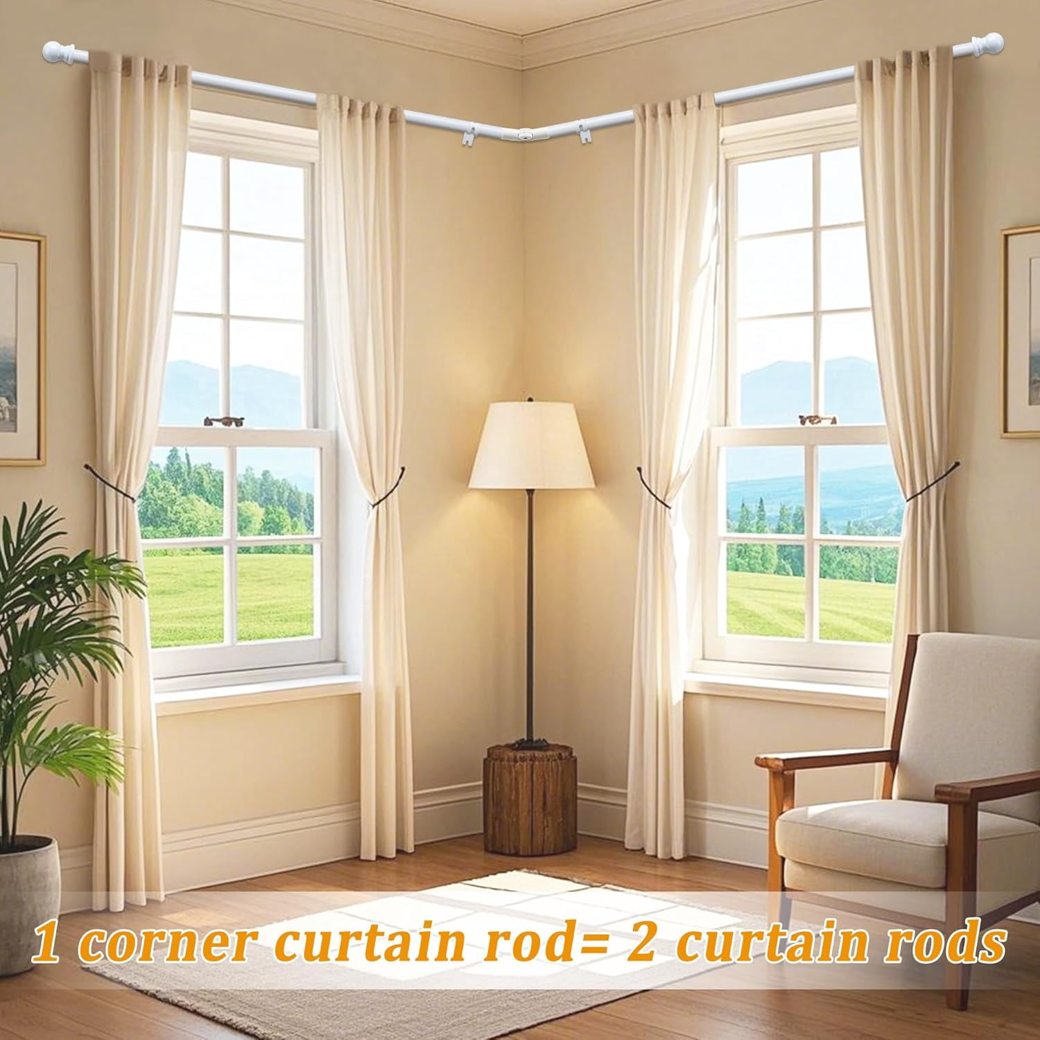 Bay Window Curtain Rods, L Shape Heavy Duty Curved Curtain Rods for Bay Windows with Brackets, 59-184" Adjustable for Bedroom, Living Room, Dinging Room, White