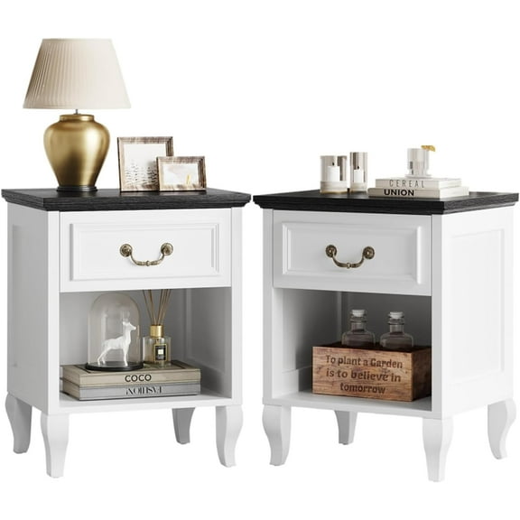 YEXJ Night Stand for Bedroom, Farmhouse Nightstand with Drawer & Open Storage Shelf, Modern White Bedside Table End Table with Wooden Legs for Bedroom & Small Spaces-2