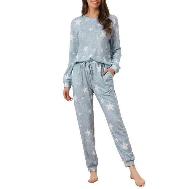 Conjunto de pijama de manga larga para mujer INSPIRE CHIC, sudadera de punto con estampado de estrellas, 2 piezas, ropa de dormir L gris claro