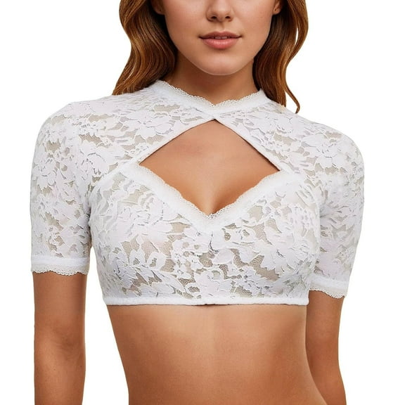 Women's Bavarian Dirndl Blouse - V-Neck Lace Trim Oktoberfest Costume Top (White | S-XXL) | Hontri | Womens White Dirndl Blouse V Neck Elegant Short Sleeve Dirndl Blouses (White | L)