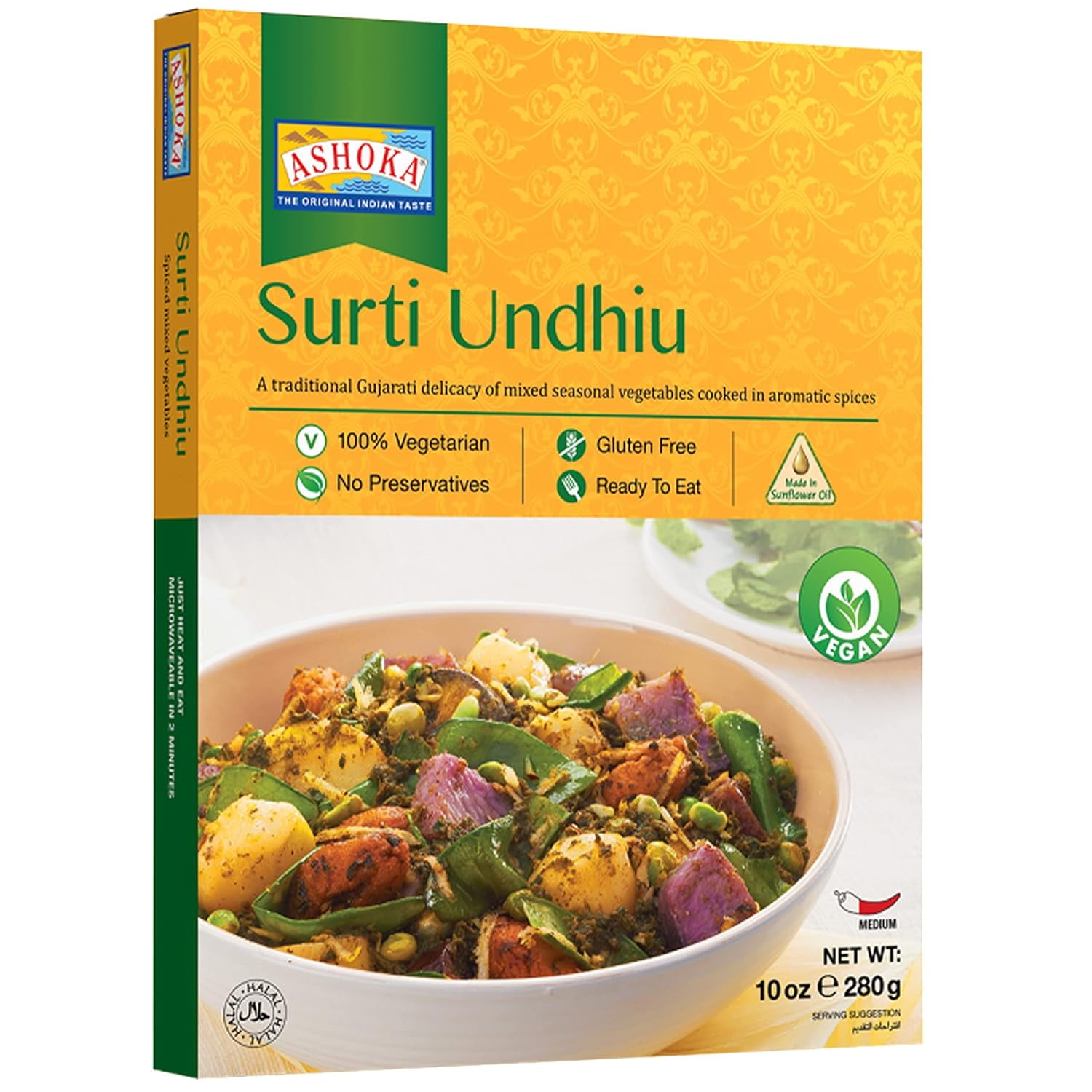 ASHOKA Microwavable Meals 1932, Plant-Based Curry, Mixed Vegetables, All-Natural Entrees, Surti Undhiu, Kosher Certified, Traditional Indian Food, Gluten-Free & with No Preservatives, Pack of 6