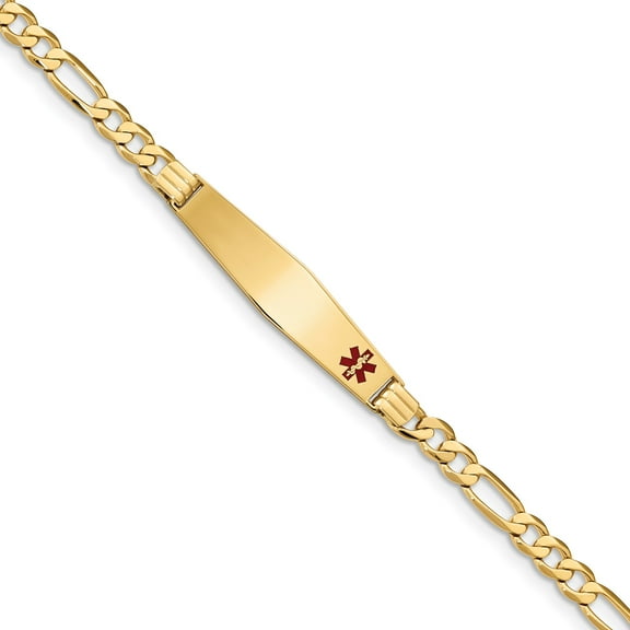 14K Medical Soft Diamond Shape Red Enamel Flat Figaro Link ID Bracelet in 14k Yellow Gold