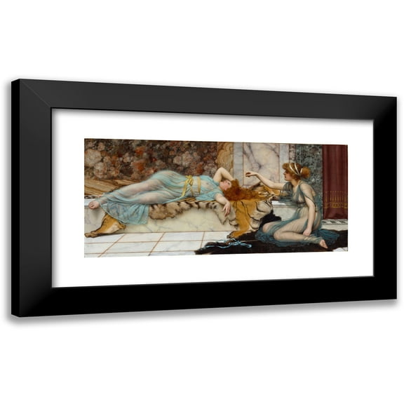 John William Godward 14x8 Black Modern Framed Museum Art Print Titled - Mischief and Repose (1895)