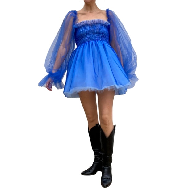 TRKIYQC Vestido Casual Femenino Verano Color Sólido Cuello Cuadrado Manga Larga Transparente Una Pieza, S/M/L/XL TRKIYQC moderno