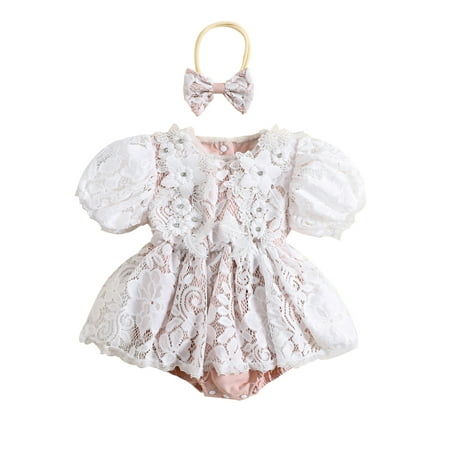 

Sunisery Newborn Baby Girls Romper Dress Outfits Embroidery Flower Fly Sleeve Romper with Bowknot Headband Summer Clothes White 12-18 Months