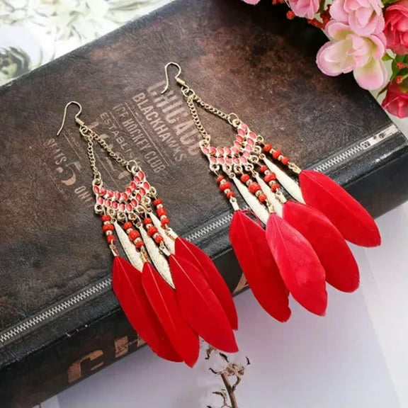 GKNET Feather Earrings Drop Bohemian Jewellery Ethnic Beaded Dangle Summer Festival-Red