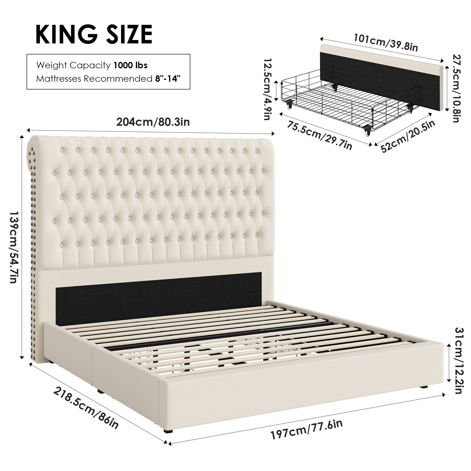 Homfa 54.7" Tall Headboard Bed Frame, King Size Storage Bed with Tall Headboard, Tall Upholstered Bed with Footboard and Drawers, off-white