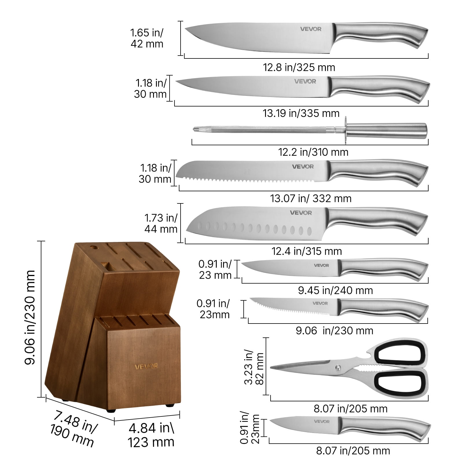 VEVOR Kitchen Knife Set with Block and Sharpener, 15 Piece German High Carbon Stainless Steel  Sharp Knife Set, Kitchen Cutlery with Ergonomic Handle, Sharpening Rod and Wooden Block, for Home Cooks