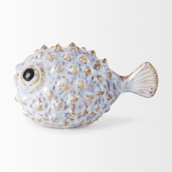 Mercana Spike I 7.5"L Ceramic Puffer Fish in White Blue and Gold