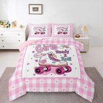 Homewish Roller Skating 3 Pieces Queen Comforter Set for Kids Children Girls,Geometric Plaid Love Heart Ultra Soft Bedding Sets,Sport Theme Bedding Comforter Set Breathable,Microfiber Bedroom Decor