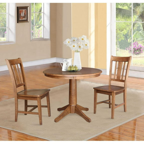 36" Solid Wood Round Pedestal Table in Distressed Oak with 2 San Remo Chairs