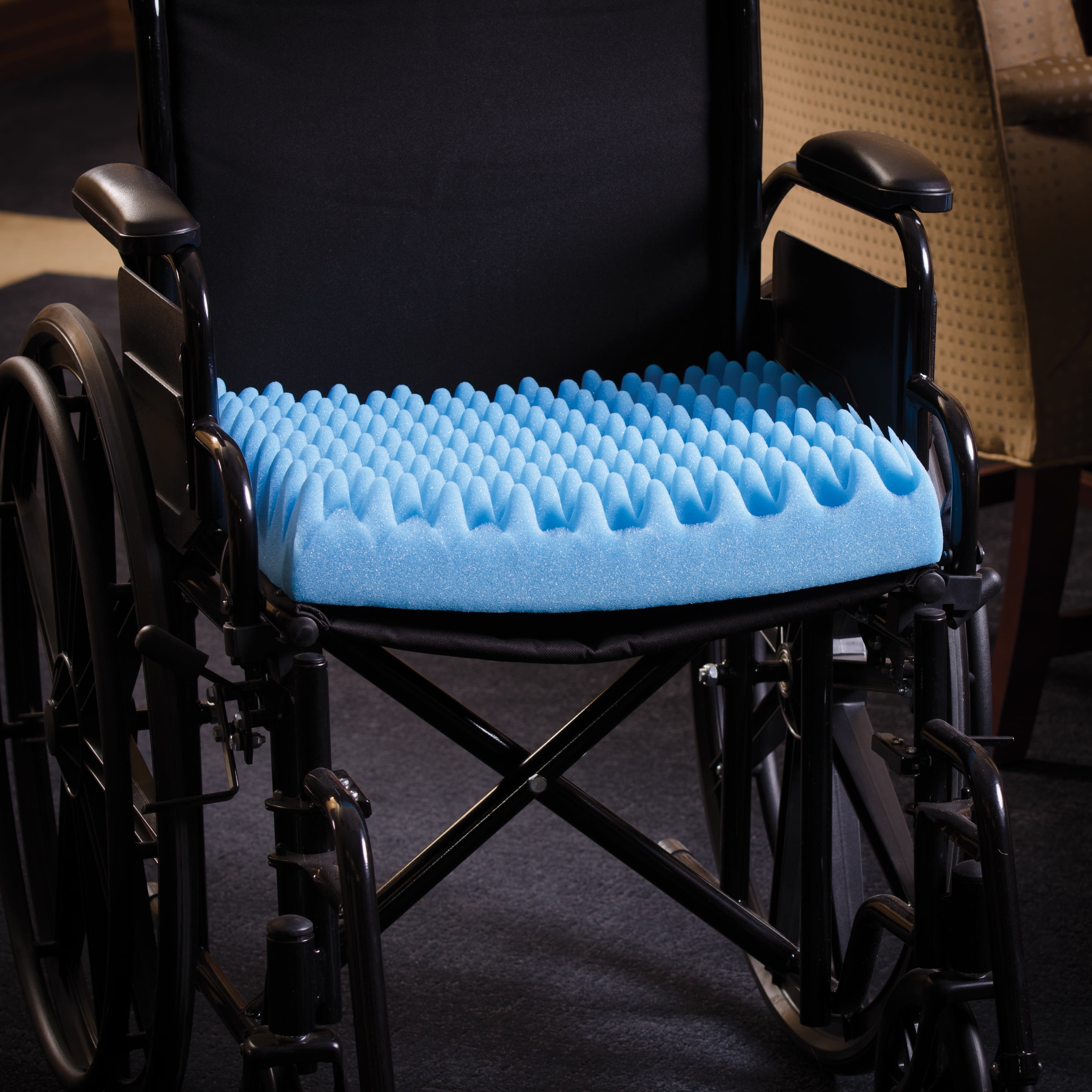 DMI Wheelchair Cushion for Pressure Ulcer, Egg Crate Foam for Bed Sores, Convoluted Egg Seat Cushion for Sitting, Wheelchair and Recliner Chair Pads, Blue, 16" x 18" x 4"
