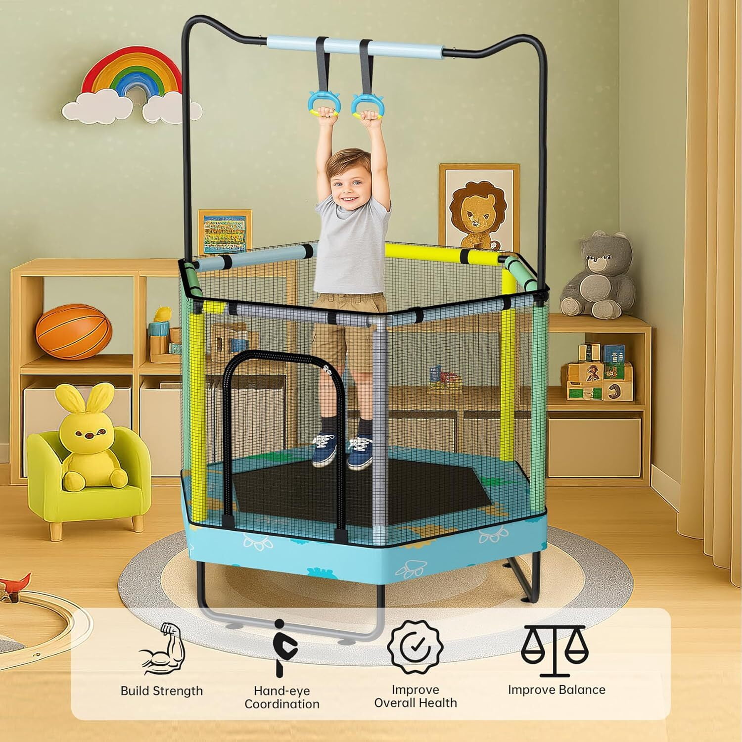 MOOSENG 7-in-1 Kids Trampoline with Safety Enclosure Net, 60" Hexagonal Toddler Trampoline with 500lbs Capacity, Indoor Outdoor Fun for Ages 1-8, Adjustable Handrail