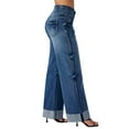 thumbnail image 2 of roswear Women's Stretchy Wide Leg Jeans Cuffed Denim Pants, 30" Inseam, Size 4-16, 2 of 6