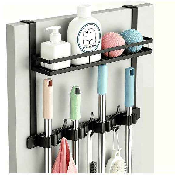 Broom Holder Over The Door Over Door Broom and Mop Rack Over The Door Hooks Organizer With4 Slots & 3 Hooks 1 Storage Basket For Laundry Room, Garage, Closet, Kitchen Decor (black)