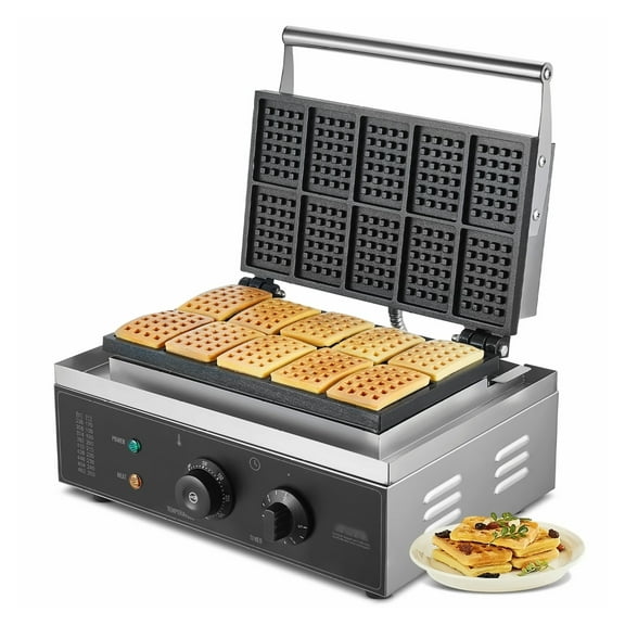 Commercial Waffle Maker, 10 Rectangular Waffles 1550W - Stainless Steel Baker Machine with Temperature Control & Timer for Restaurant, Home, Snack Stall