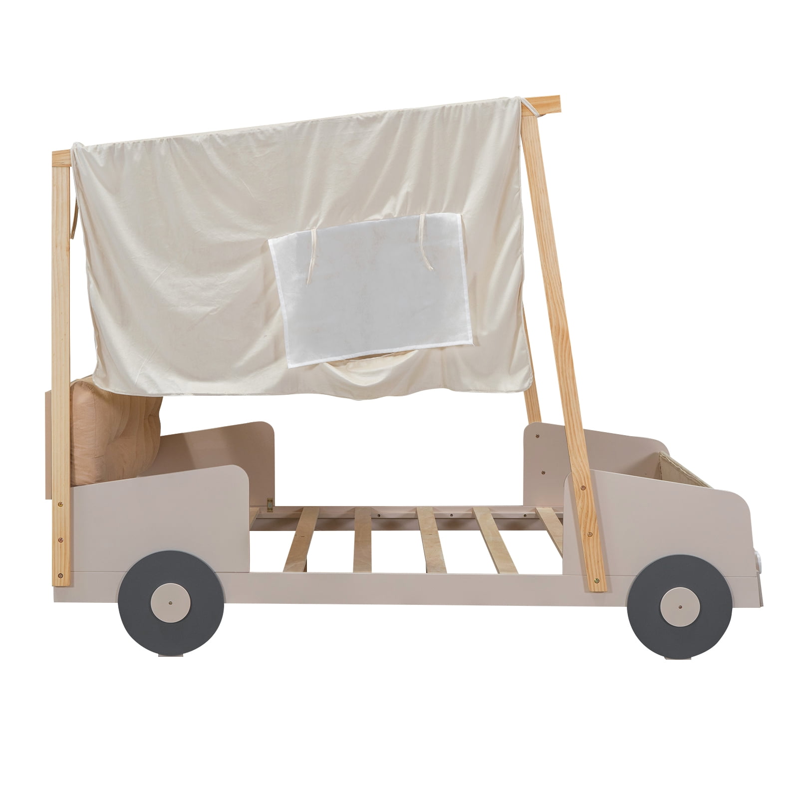 DSstyles Car-Shaped Platform Bed Frame For Kids With Headboard Pillow Ceiling Cloth LED Light For Toddler Children Boys Girls