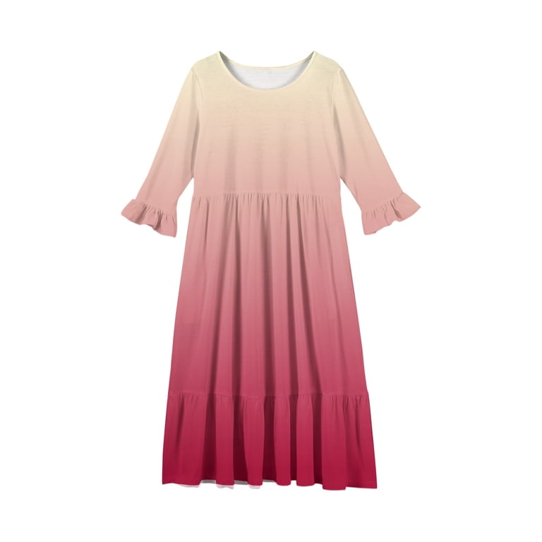 summer maxi dresses size 16 Abcomgle Girls Summer Dress Size 14-16 Casual A-Line 3/4 Sleeve Maxi Dress  Gradient Crew Neck Sundresses Beach Tiered Dresses with Pockets,7-8 Years  Watermelon Red