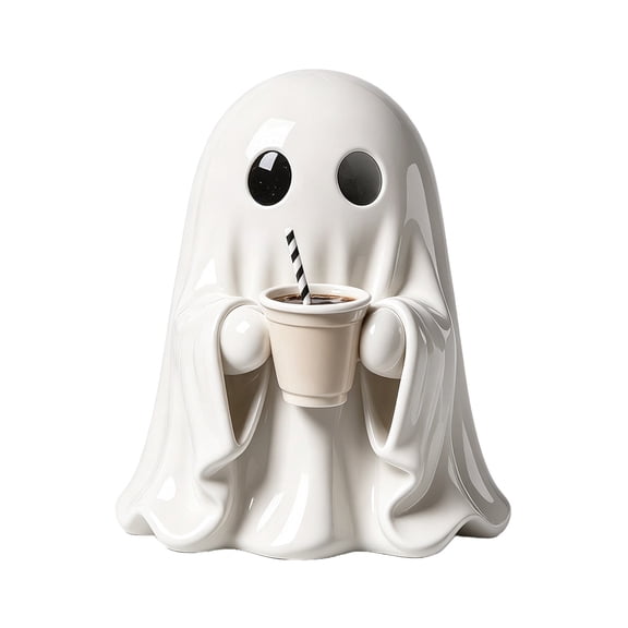 Cute Ghost Figurine Holding Coffee Cup 1Pcs – Resin Spooky Halloween Tabletop Decor Glossy White Waterproof Ornament For Coffee Bar