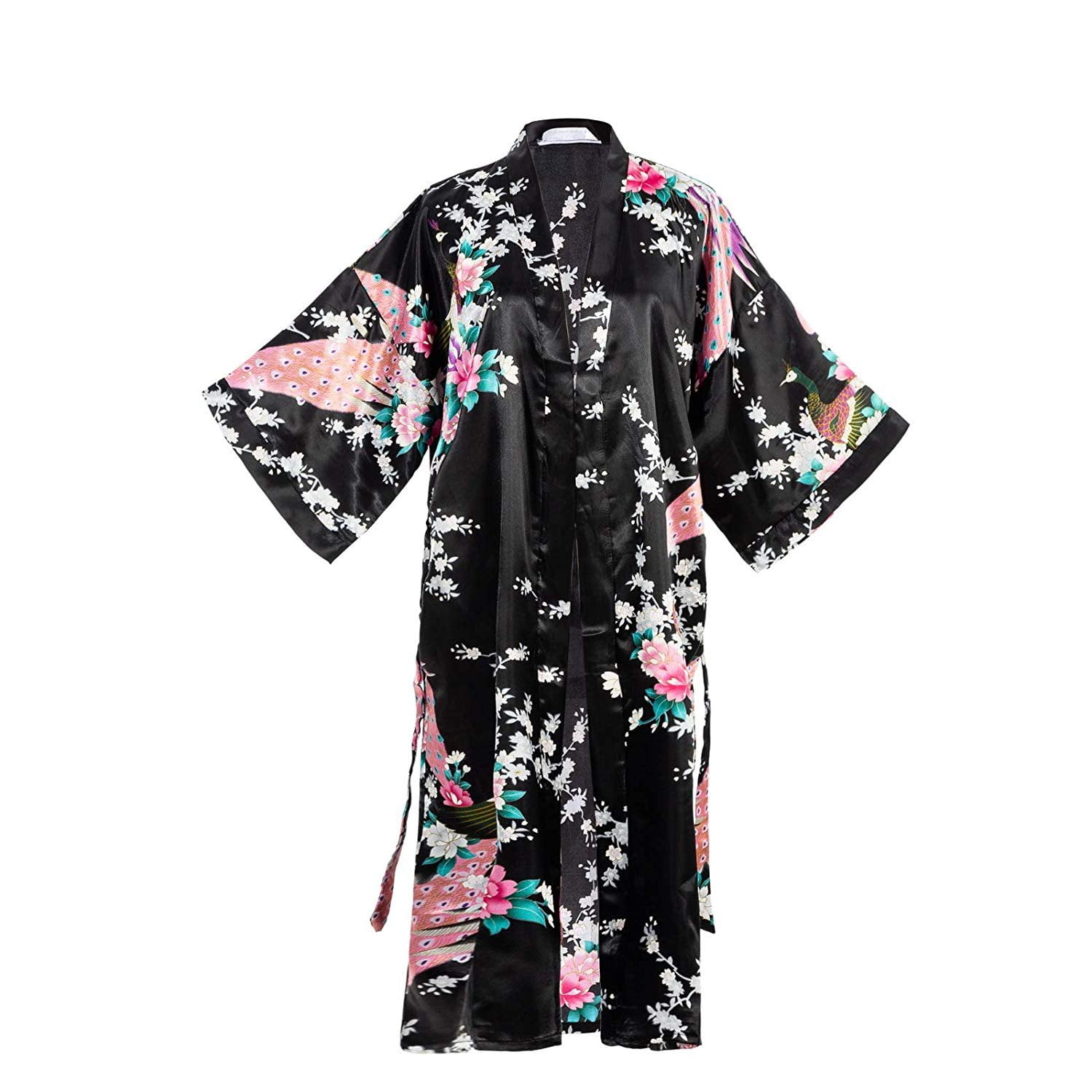 Yying Girls Satin Kimono Robe Peacock and Blossoms Bathrobes Dressing Gown for SPA Wedding Birthday 