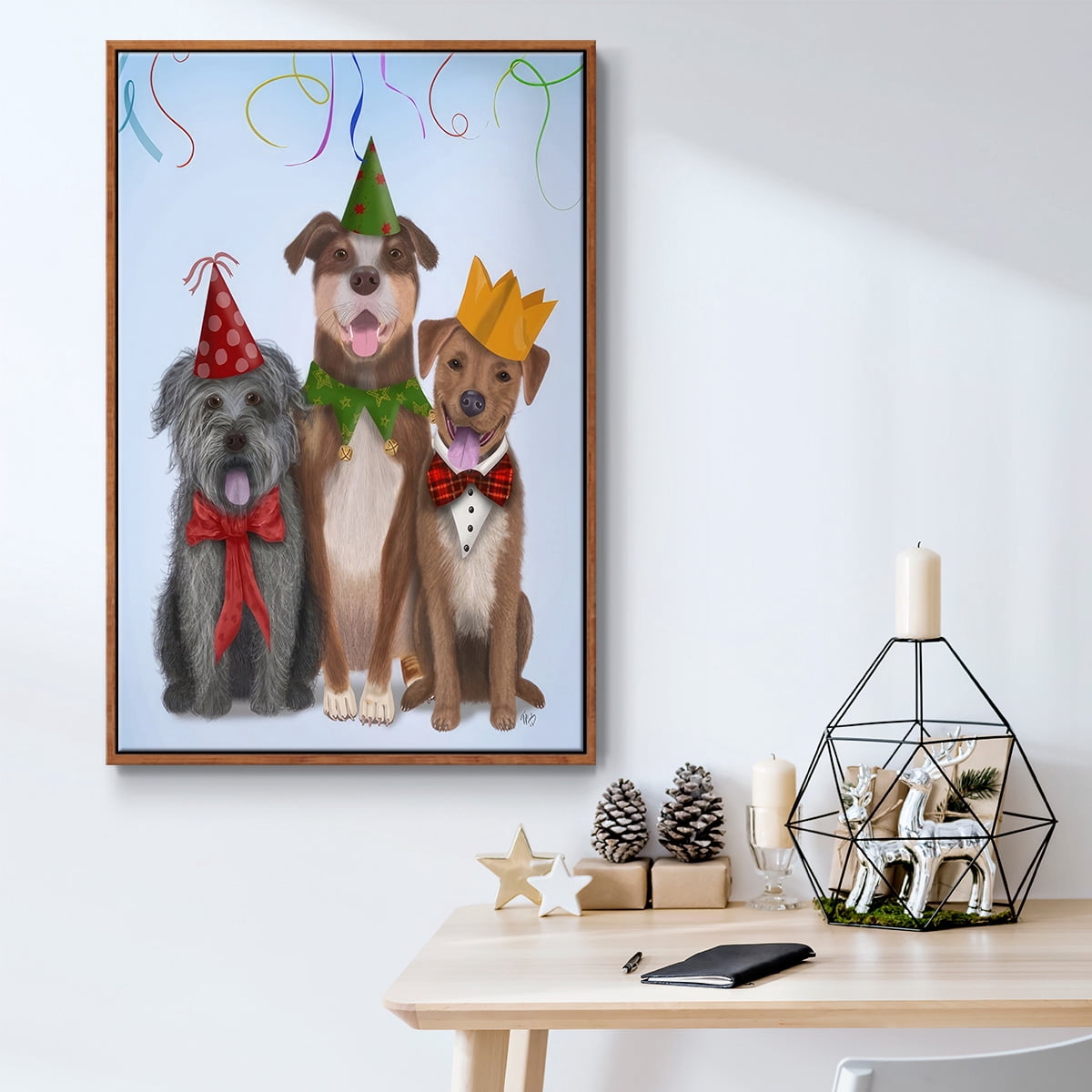 Christmas Party Mutts - Framed Gallery Wrapped Holiday Canvas - 27 x 41 - Rosewood Frame