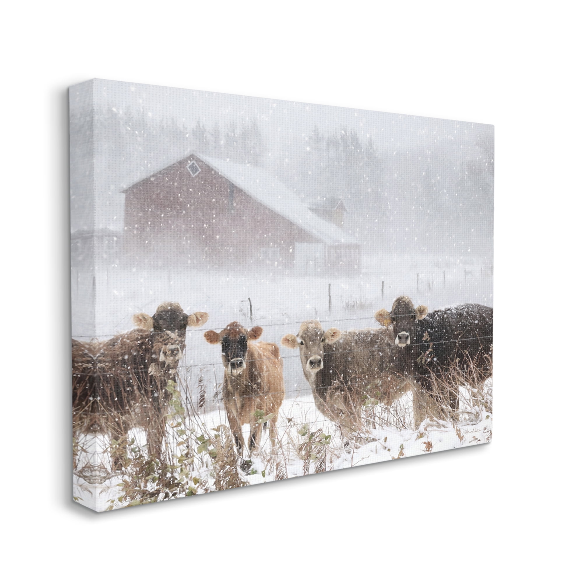 Stupell Industries Winter Farm Scene Cow Cattle Snowflakes Barn Canvas Wall Art, 20 x 16, Design by Lori Deiter