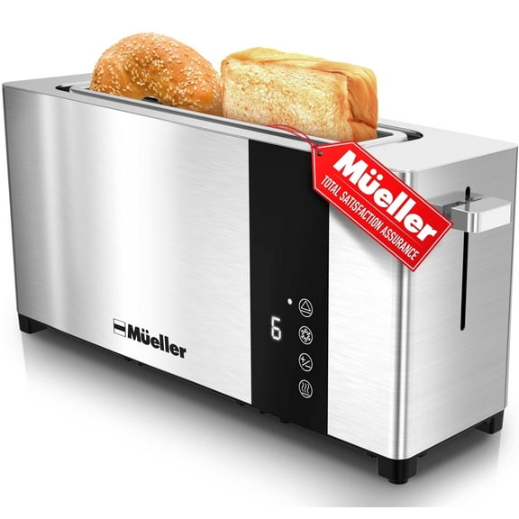 Mueller UltraToast Full Stainless Steel Toaster 2 Slice, Long Extra-Wide Slots with Removable Tray, Cancel/Defrost/Reheat Functions, 6 Browning Levels with LED Display, Housewarming Gifts New Home