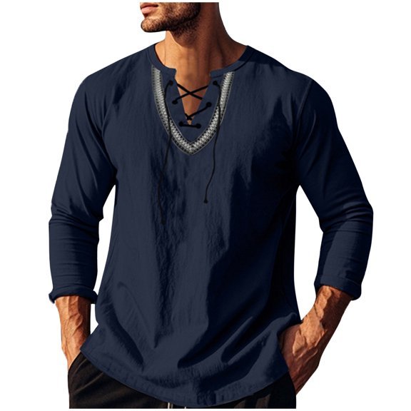 biudgviw Men's Cotton Linen Shirt Long Sleeve Renaissance Drawstring Top V Neck Vintage Casual Summer Beach Shirts S-XXXL