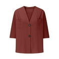 thumbnail image 4 of Yigetop Womens Tops Casual! Button Down Shirt for Women Summer Cotton Linen 3/4 Sleeve Blouse Casual V Neck Collarless Beach Top with Pockets 3/4 Length Sleeve Womens Tops Red L, 4 of 6