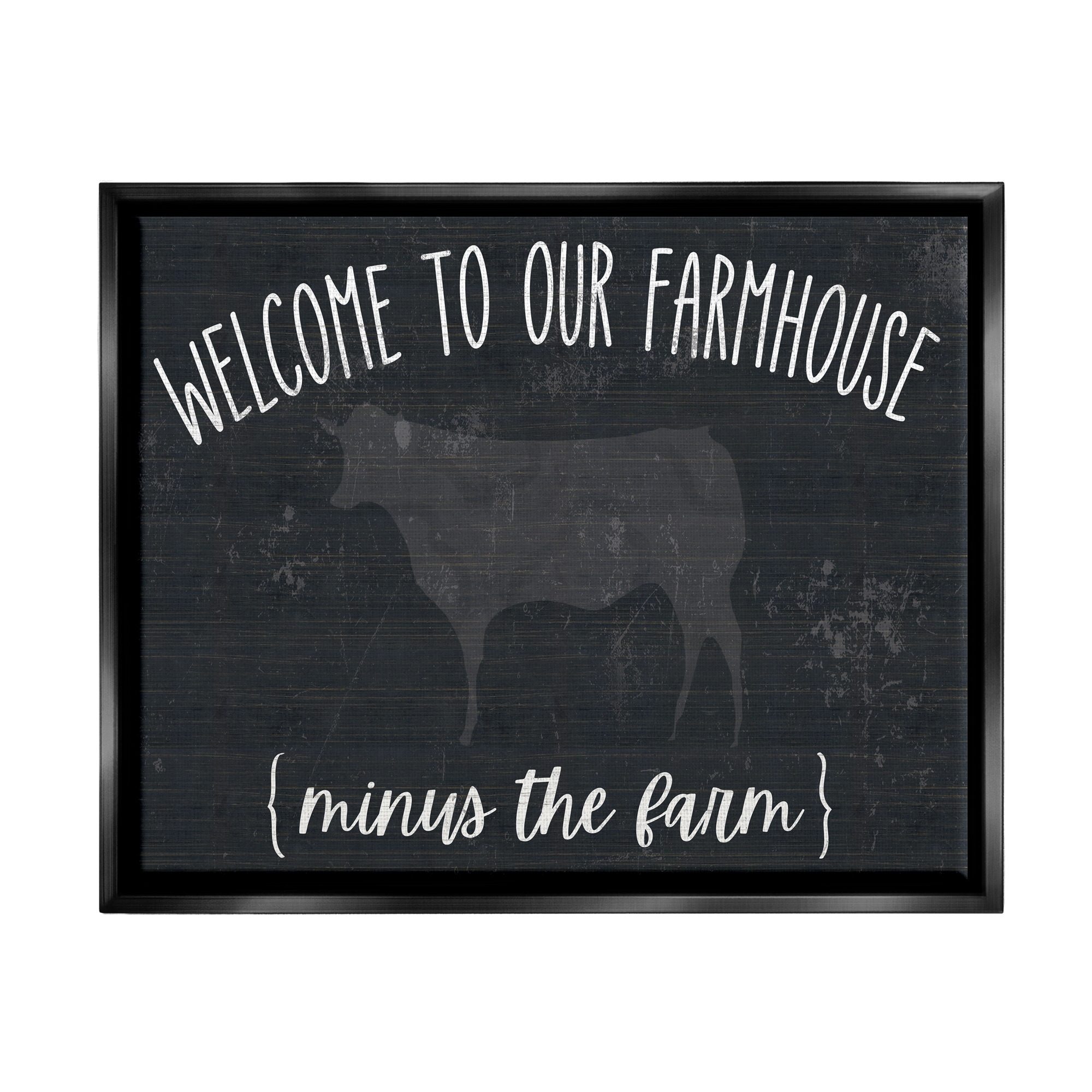 Stupell Industries Welcome To Farmhouse Playful Rustic Cow Motif Graphic Art Metallic Gold Floating Framed Canvas Print Wall Art, Design by White Ladder