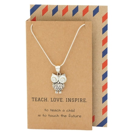 Owl Jewelry (Quan Jewelry Owl Pendant Necklace, Gifts for Teachers, Teach Love Inspire, comes with Inspirational)