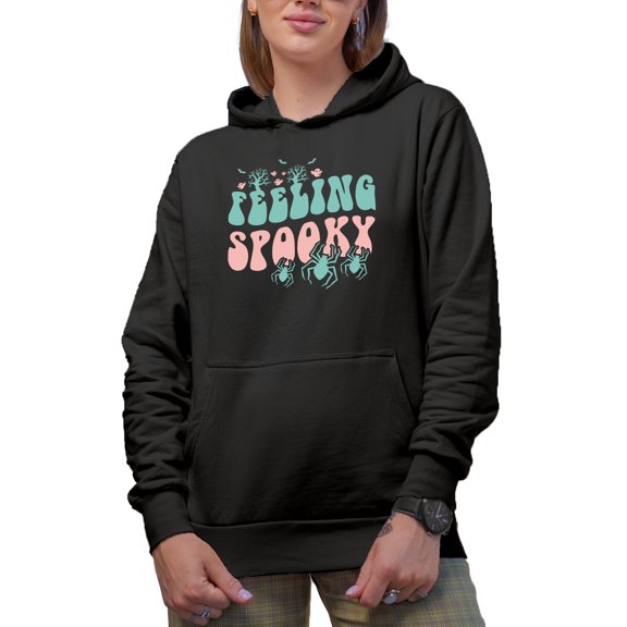 Feeling Spooky with Dead Trees & Spiders, Groovy Retro Wavy Text Merch Gift, Black Hooded Sweatshirt or Hoodie, Small