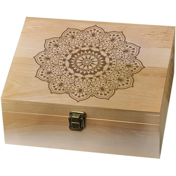 Wooden Memory Keepsake Box Decorative Boxes Mandala Flower Keepsake Boxes with Lids Memory Box for Keepsakes for Anniversary Wedding Memory Birthday Valentines Day 9.6x7.6x4inch Beige DIY