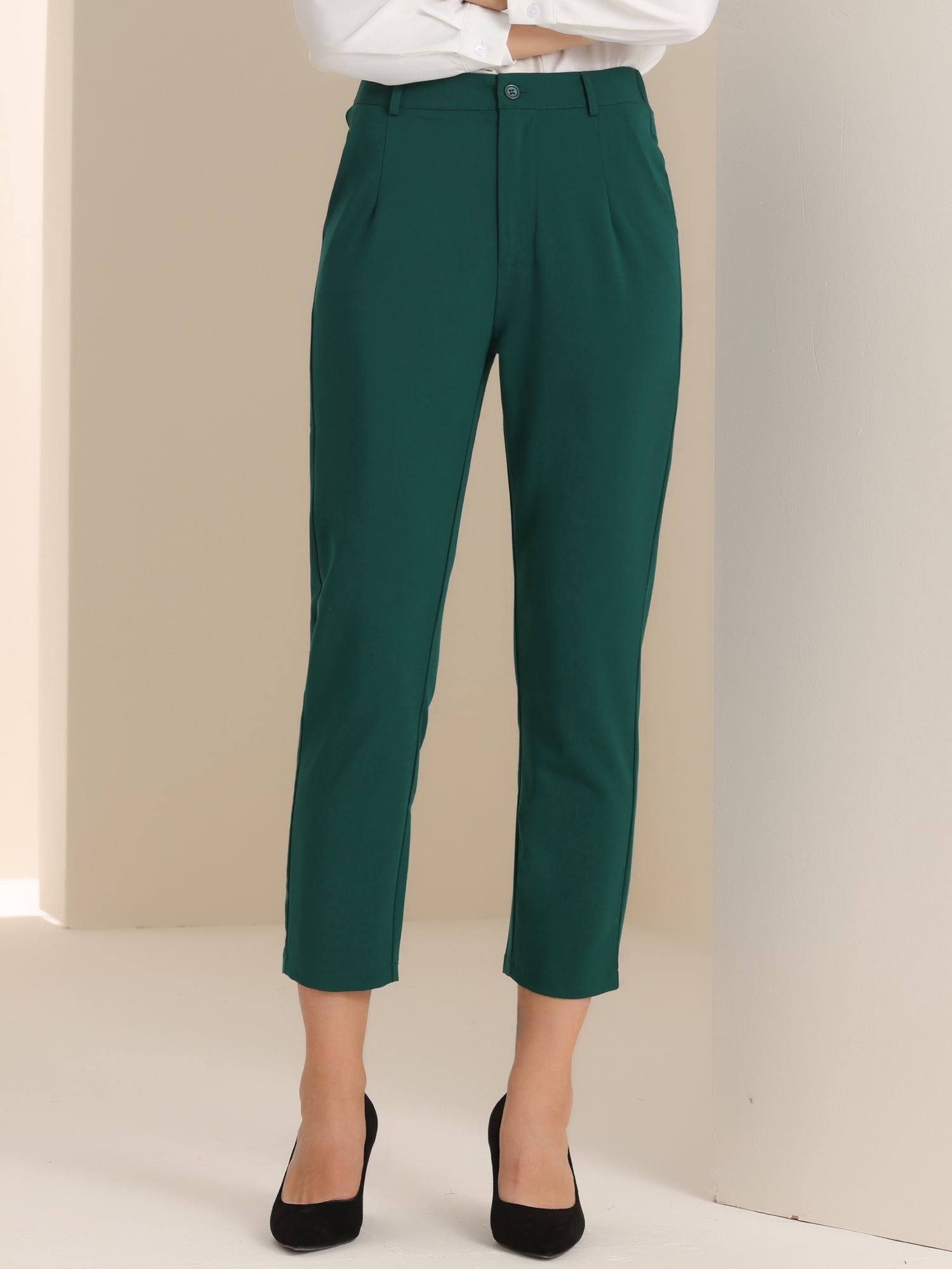 DARING DIVA Women's Work High Waisted Office Ankle Pants S Dark Green