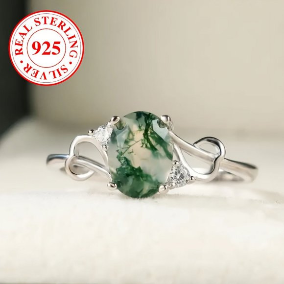 CNKOO Magnificent Oval Moss Agate Engagement Ring - Statement Jewelry with Hypoallergenic Sterling Silver  Unique Handcrafted Design  Luxurious Wedding Gift  and Dazzling Timeless Style