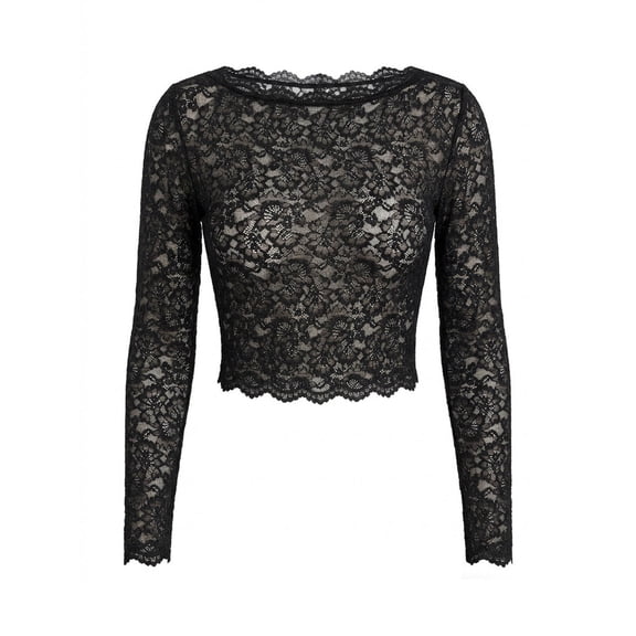 Qiopertar Women's Crop Tops Lace Long Sleeve Round Neck Sheer Blouse Elegant Dressy Party Cocktail Night Out Club Formal Evening Wedding Guest Slim Fitted Top, Black M