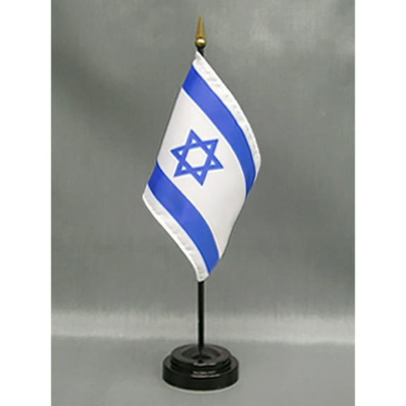 Made in The USA. 2 Israel Rayon 4"x6" Miniature Office Desk & Little Hand Waving Table Flags Includes 2 Flag Stands & 2 Small Mini Israeli Stick Flags, Also Includes Israel Flag Lapel Pin.