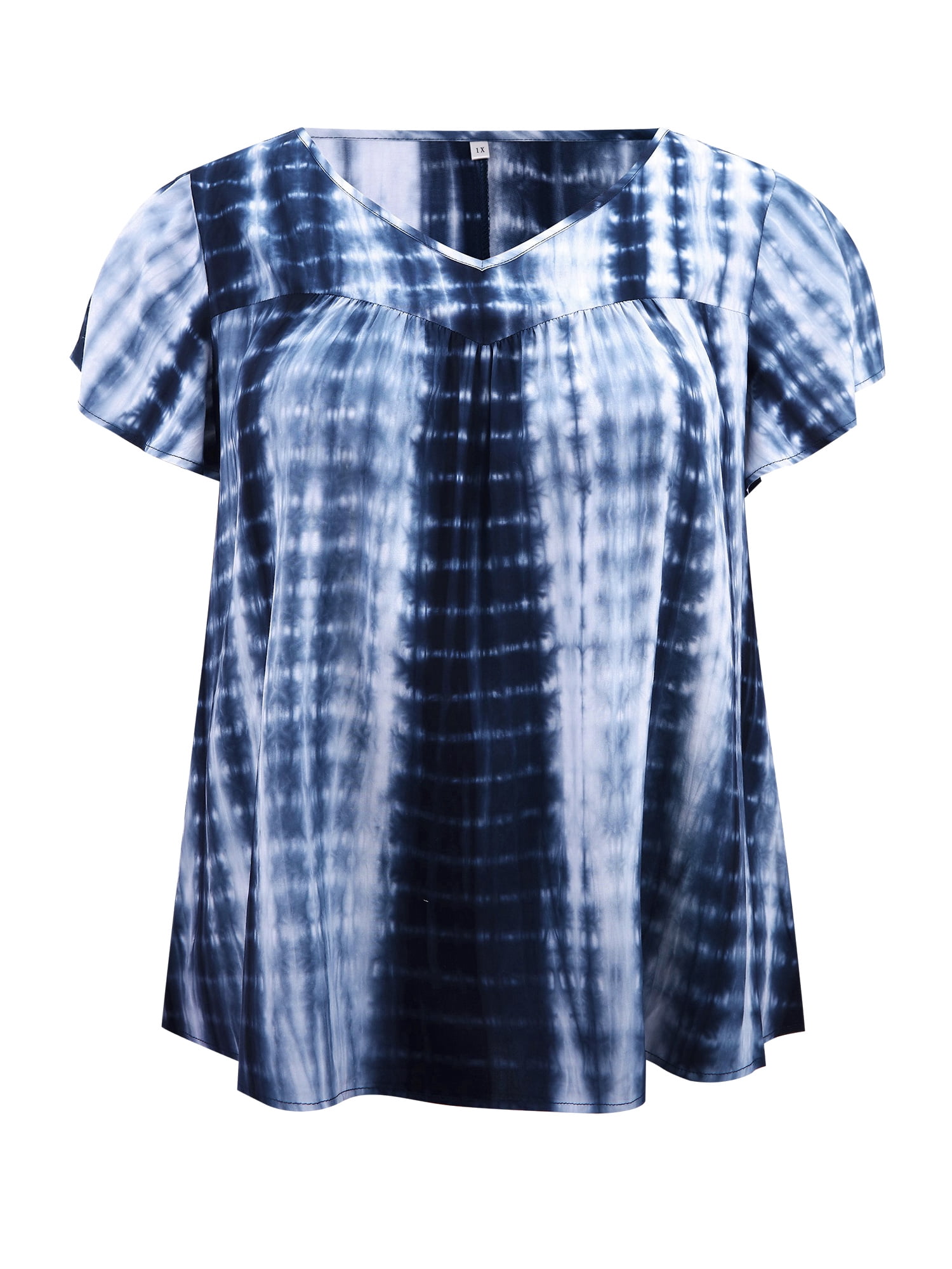 DARING DIVA Women's Plus Tie Dye V Neck Ruffle Sleeve Blouse 3X Dark Blue